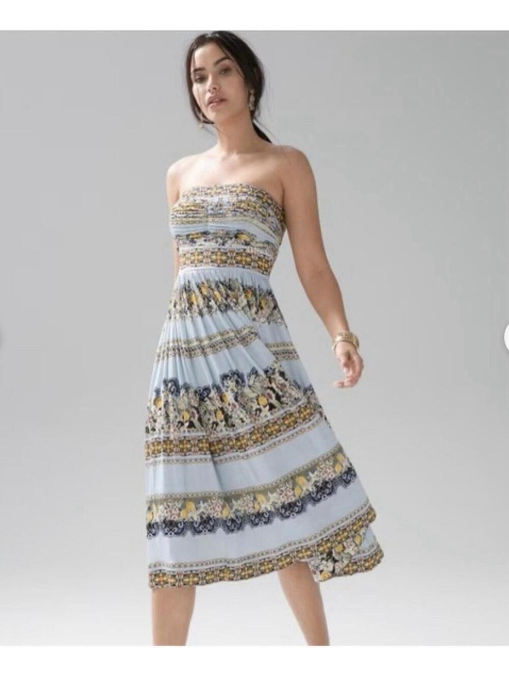 White House Black Market Strapless  Italian Tile Print Blue Dress NWT Size 12